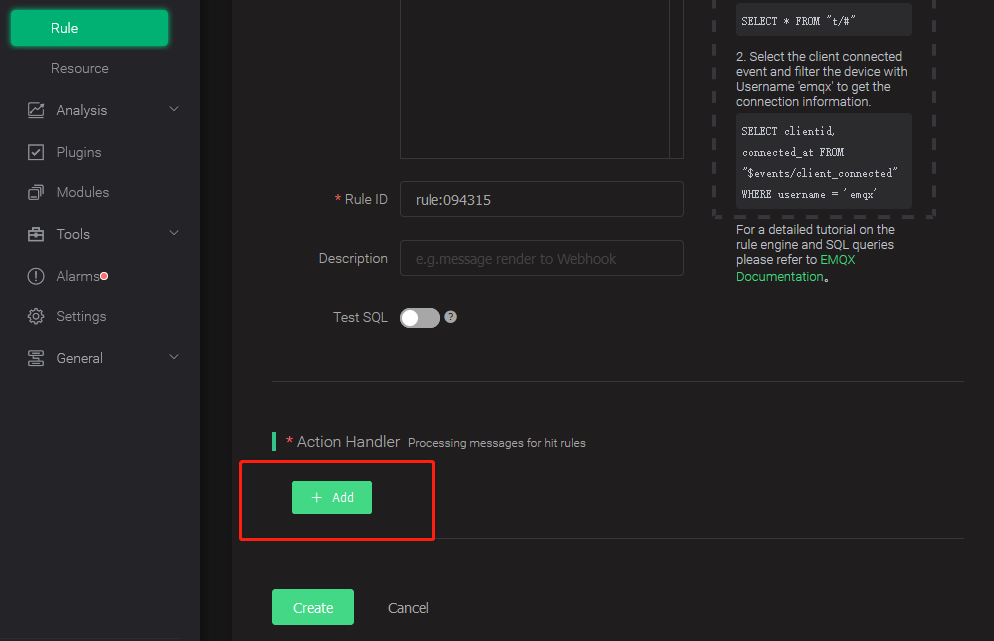 TDengine Database EMQX add action handler