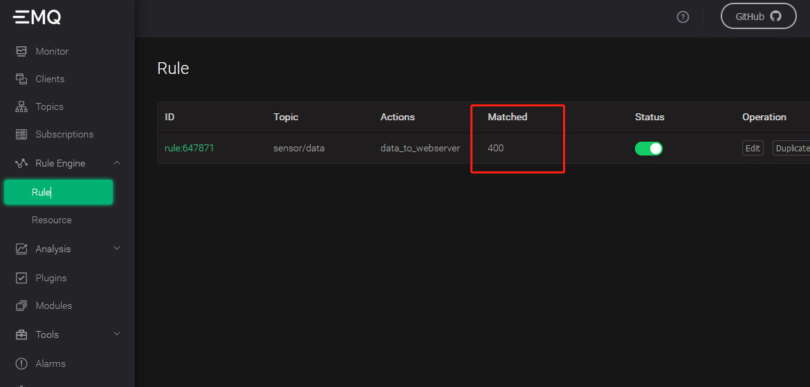 TDengine Database EMQX rule matched